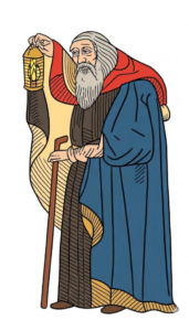 Personnage de l'Ermite, arcane 9 du Tarot de Marseille, éclairant son chemin avec sa lanterne
