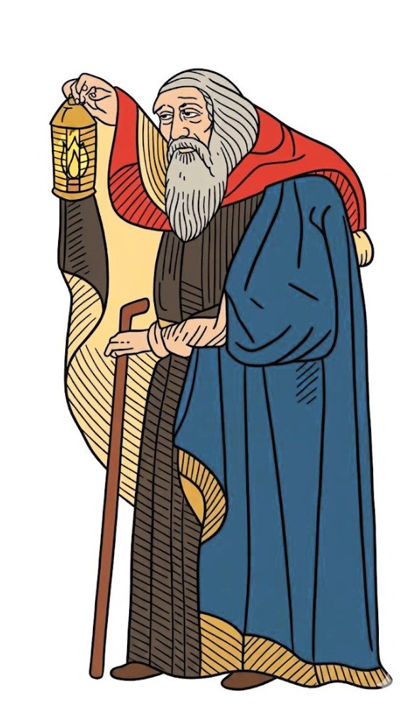 Personnage de l'Ermite, arcane 9 du Tarot de Marseille, éclairant son chemin avec sa lanterne